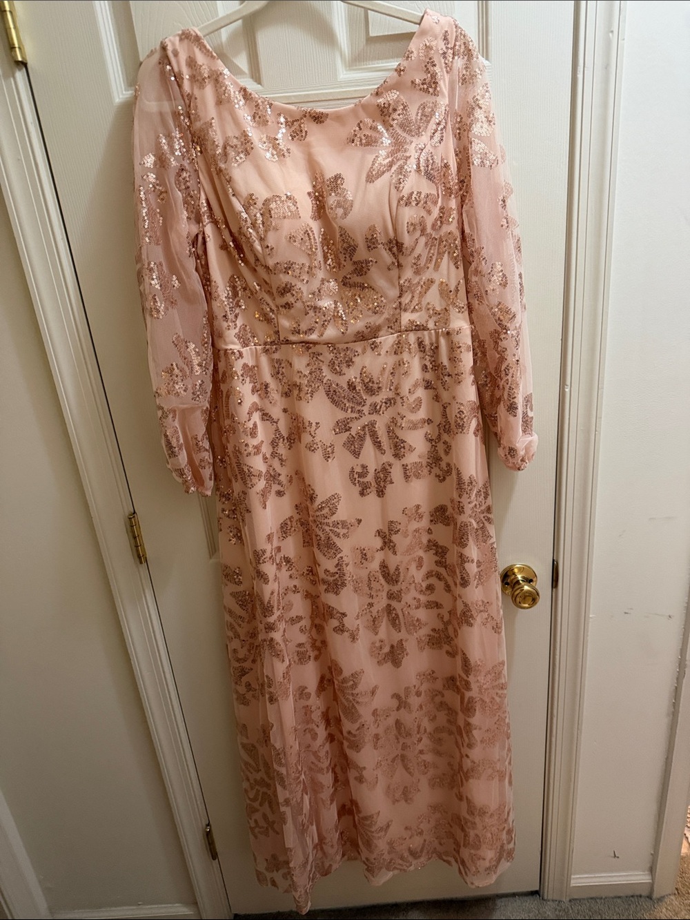 Long Sleeve Pink Sequin Floral Evening Gown